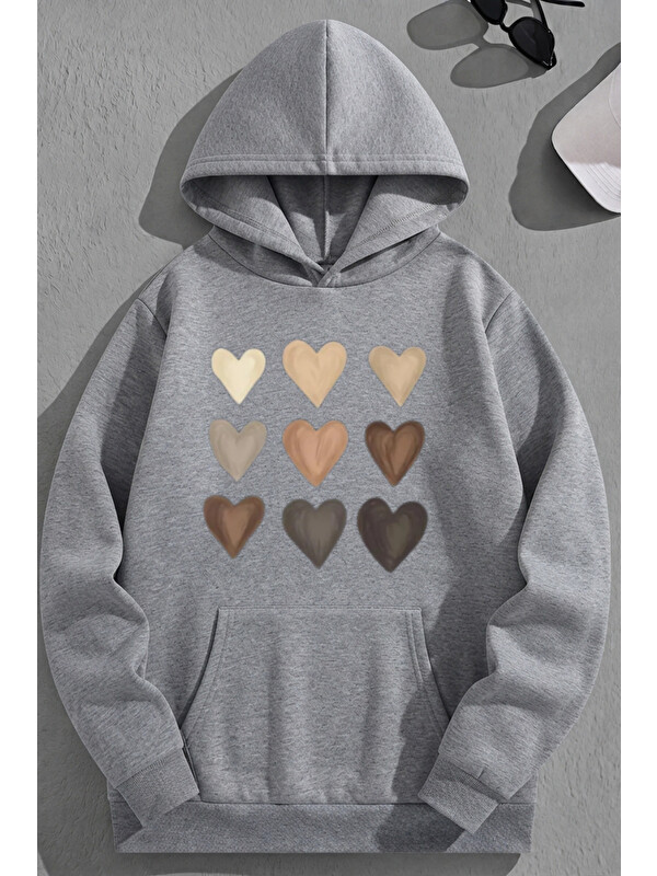 Trendseninle Unisex 3 İplik Pamuklu Gri ÇokKalp Baskı Bol Kalıp Sweatshirt Hoodie