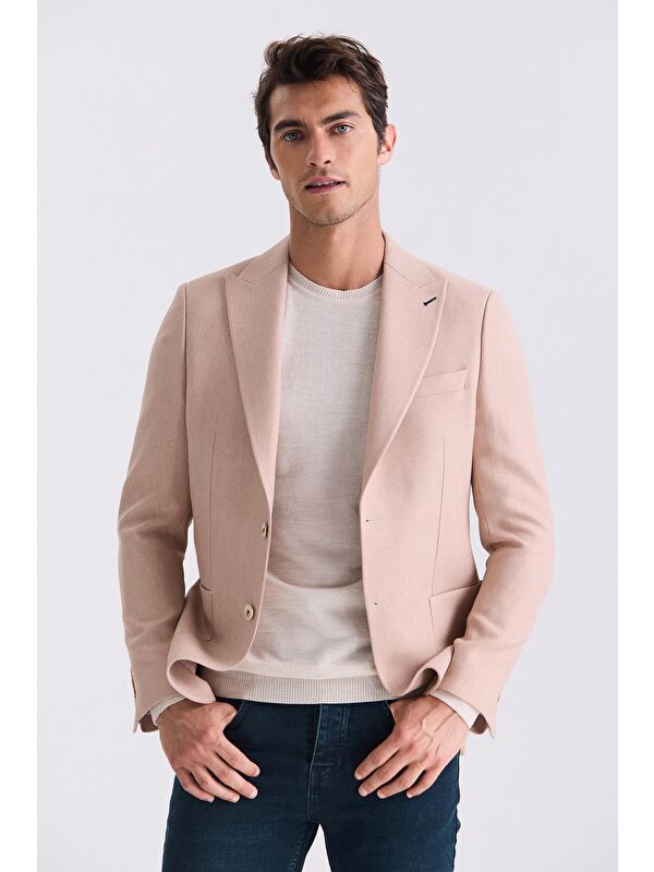 JAKAMEN Bej Slim Fit Sivri Yaka Yazlık Spor Ceket