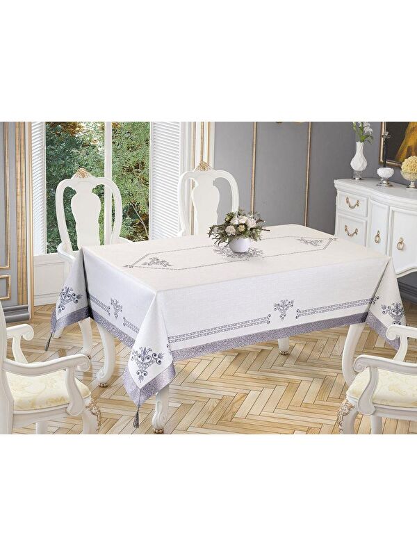 Çeyiz Diyarı Lale Baskılı Dikdörtgen Masa Örtüsü Silver 160x260 Cm