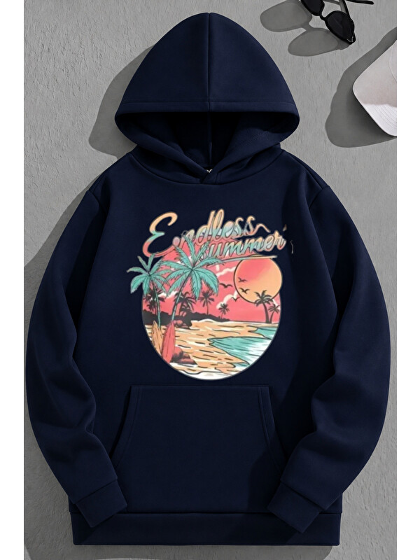 Trendseninle Unisex 3 İplik Pamuklu Lacivert EndlessSummer Baskı Bol Kalıp Sweatshirt Hoodie