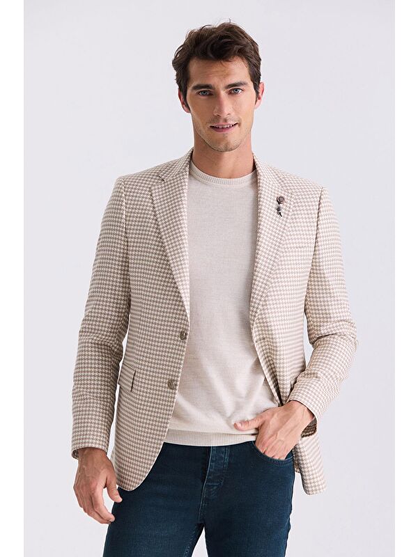 JAKAMEN Bej Slim Fit Desenli Mono Yaka Yazlık Spor Ceket