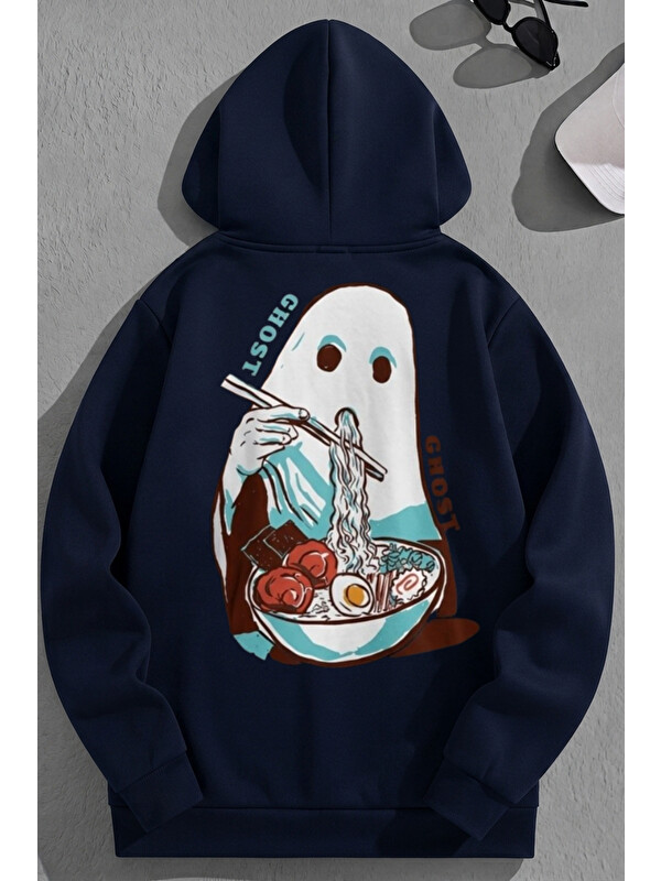 Trendseninle Unisex 3 İplik Pamuklu Lacivert GhostEats Baskı Bol Kalıp Sweatshirt Hoodie