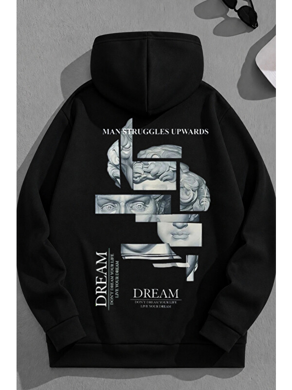 Trendseninle Unisex 3 İplik Pamuklu Siyah Dream Özel Baskı Bol Kalıp Sweatshirt Hoodie