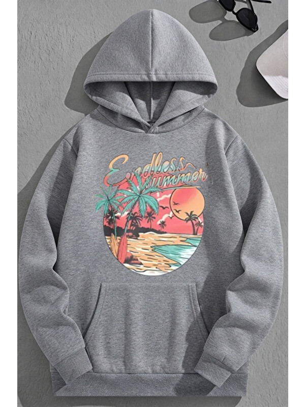 Trendseninle Unisex 3 İplik Pamuklu Gri EndlessSummer Baskı Bol Kalıp Sweatshirt Hoodie