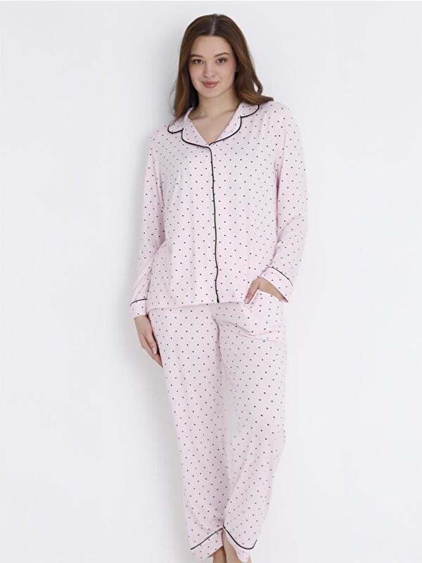 Dofi· Dofi Kadın Puantiyeli Düğmeli S-XL Pijama Takımı - Pembe
