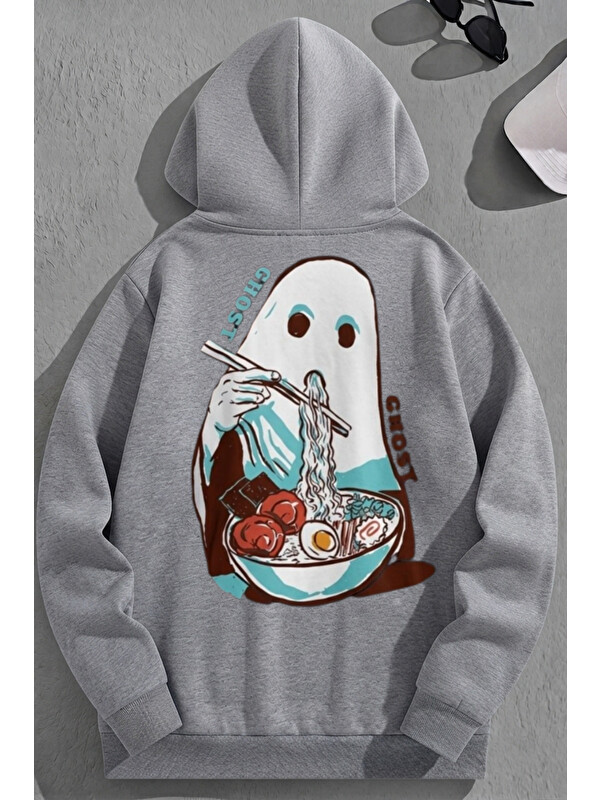 Trendseninle Unisex 3 İplik Pamuklu Gri GhostEats Baskı Bol Kalıp Sweatshirt Hoodie