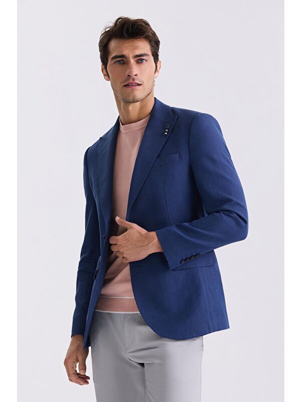 JAKAMEN Lacivert Slim Fit Sivri Yaka Keten Spor Ceket