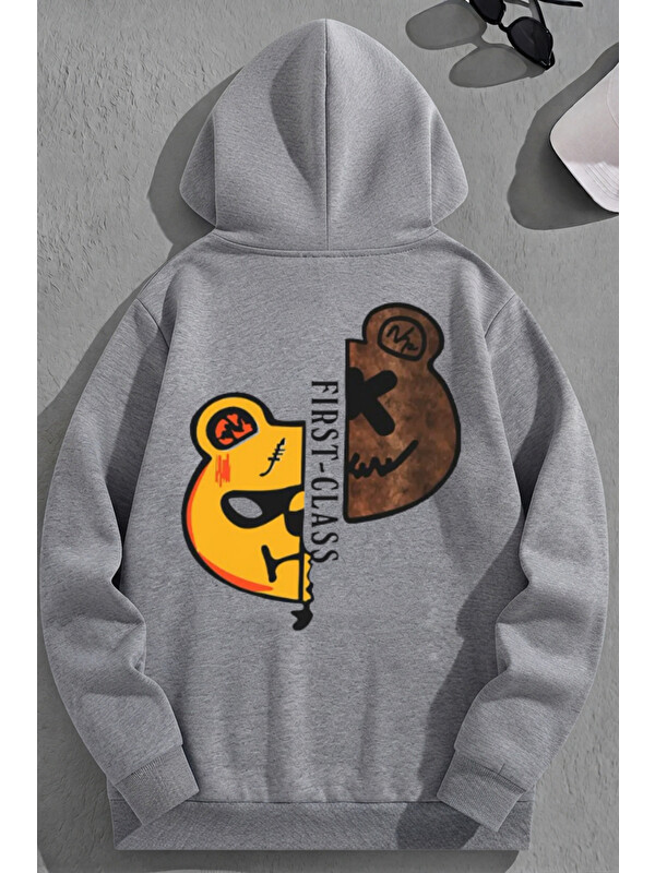 Trendseninle Unisex 3 İplik Pamuklu Gri First-Class Baskı Bol Kalıp Sweatshirt Hoodie