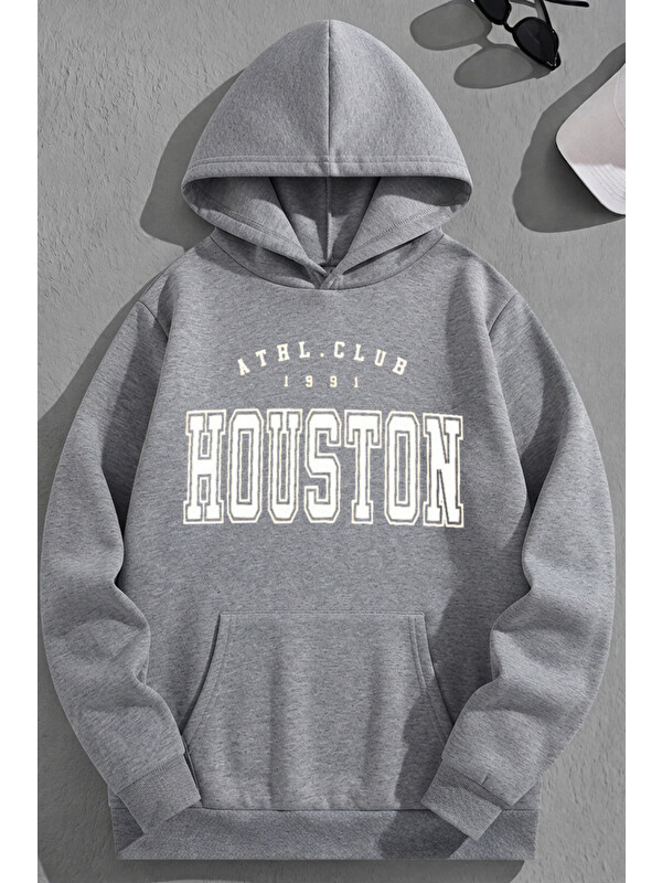 Trendseninle Unisex 3 İplik Pamuklu Gri HoustonAC Baskı Bol Kalıp Sweatshirt Hoodie