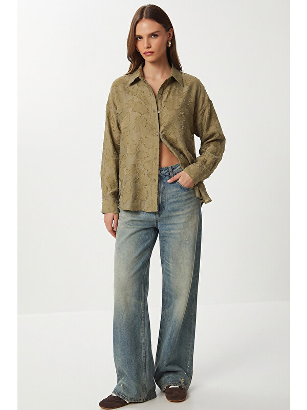 Happiness İstanbul Dokulu Transparan Oversize Dokuma Gömlek ZEYTİN YEŞİLİ LCI0066