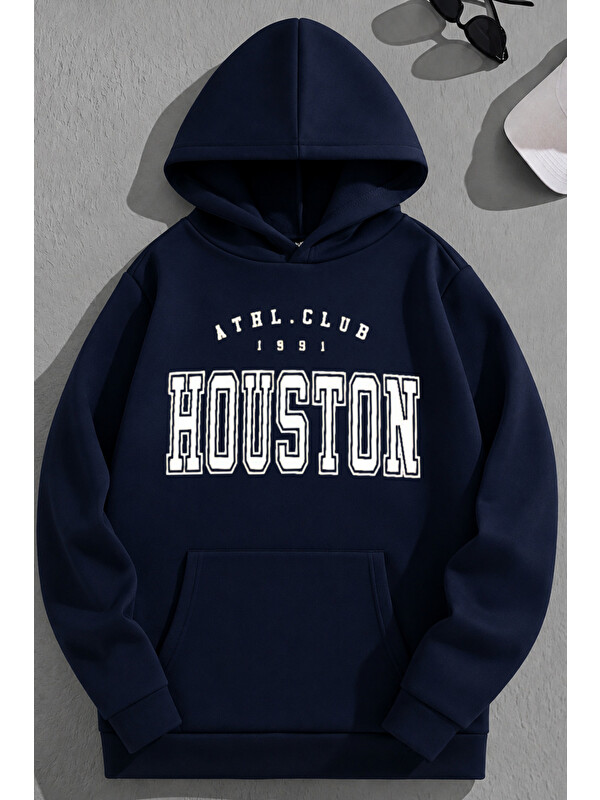 Trendseninle Unisex 3 İplik Pamuklu Lacivert HoustonAC Baskı Bol Kalıp Sweatshirt Hoodie
