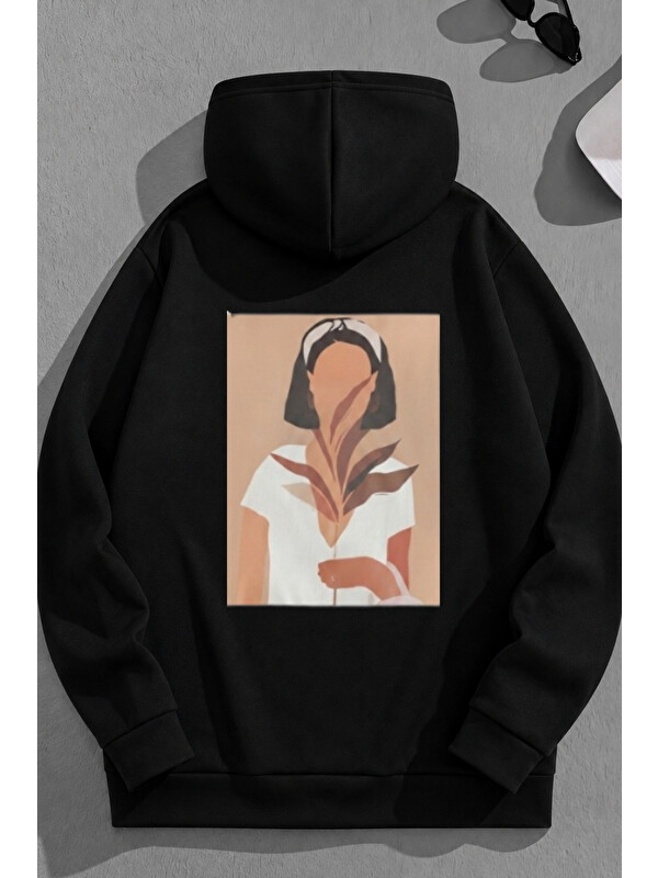 Trendseninle Unisex 3 İplik Pamuklu Siyah HayaliFigür Baskı Bol Kalıp Sweatshirt Hoodie