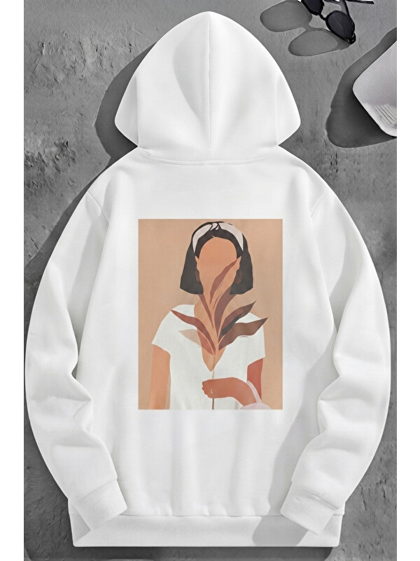 Trendseninle Unisex 3 İplik Pamuklu Beyaz HayaliFigür Baskı Bol Kalıp Sweatshirt Hoodie