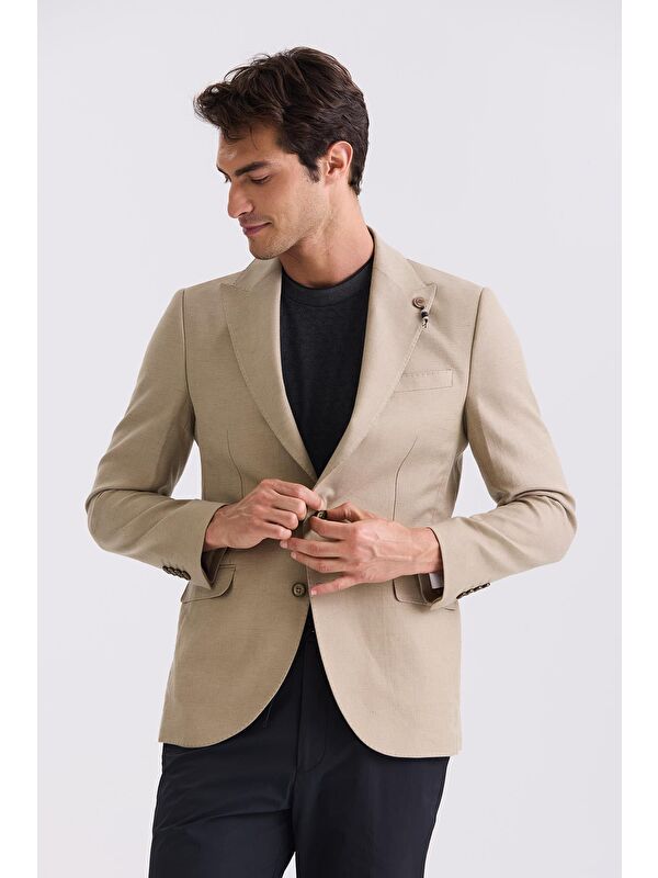 JAKAMEN Bej Slim Fit Sivri Yaka Keten Spor Ceket