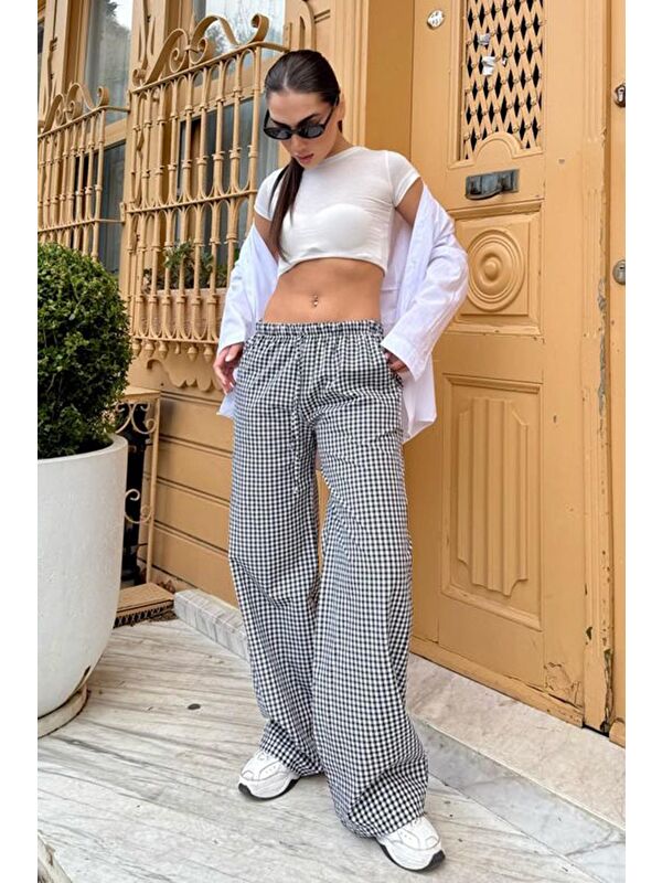 Madmext Siyah Beli Ayarlanabilir Ekoseli Bol Paça Kadın Pantolon Mg2335