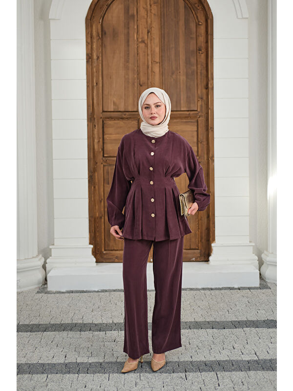Locco Moda Kadın Gold Düğmeli Pileli Pantolonlu Takım Mürdüm