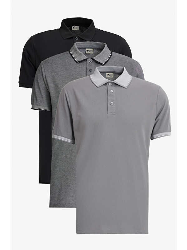 AC&Co / Altınyıldız Classics Erkek SIYAH-ACIK SIYAH-GRI Slim Fit Dar Kesim 3 'lü Kıvrılmaz Polo Yaka Tişört