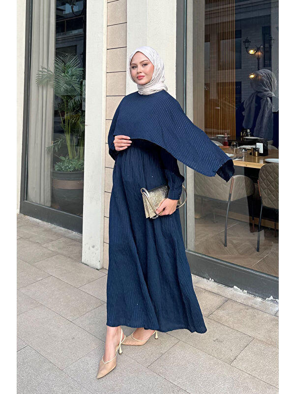 Locco Moda Kadın Pelerin Detay Çizgili Elbise Lacivert