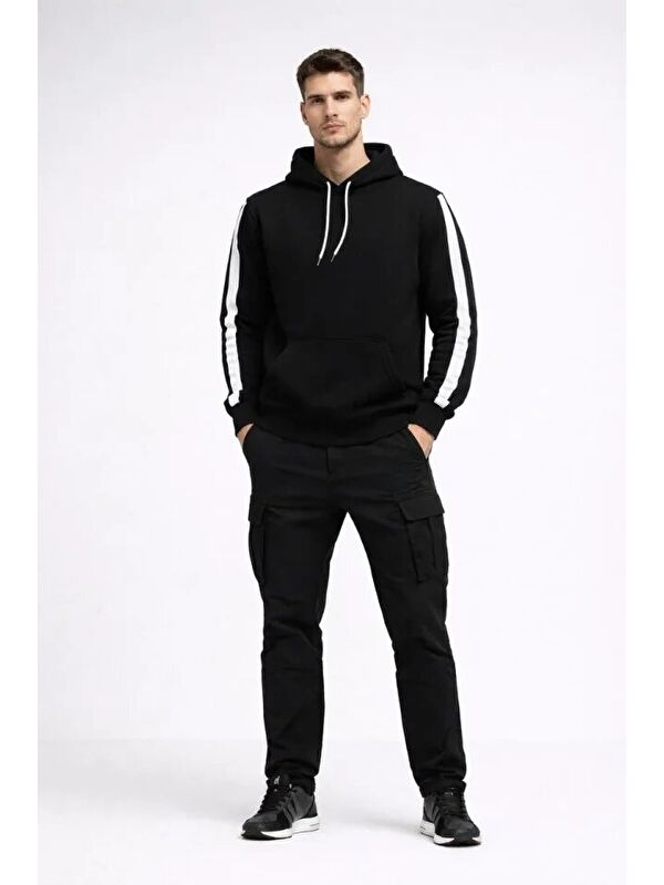 Jane's Erkek Şeritli Kapüşonlu Sweatshirt Oversize 3 Iplik Pamuklu - Siyah