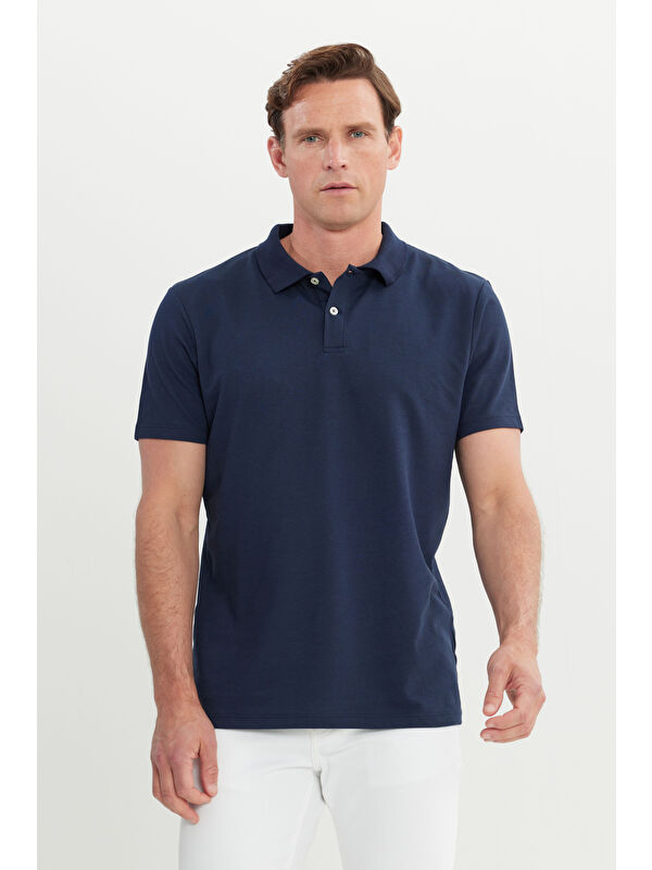 AC&Co / Altınyıldız Classics Erkek Lacivert Pamuklu Slim Fit Dar Kesim Polo Yaka Tişört