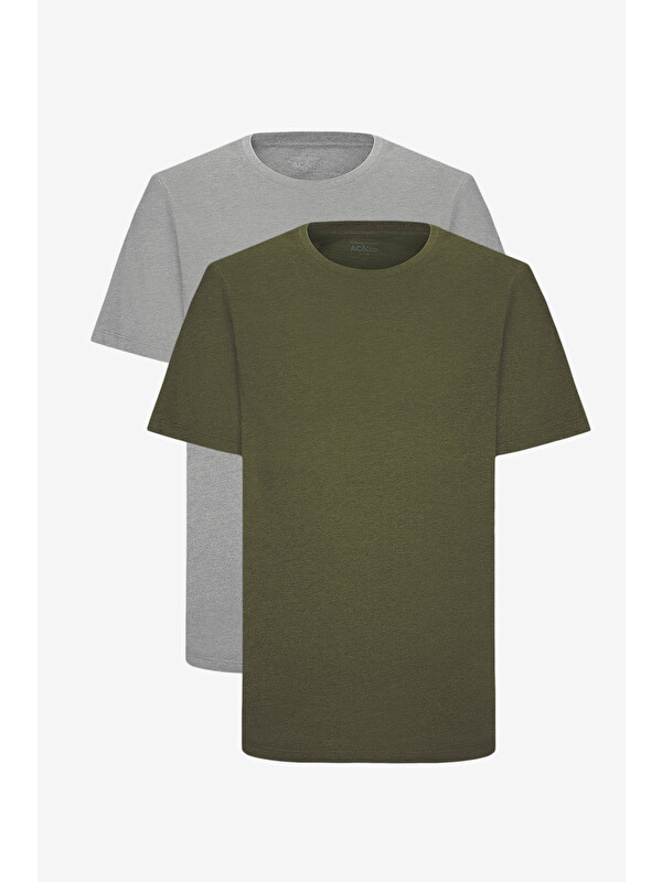 AC&Co / Altınyıldız Classics Erkek HAKI-GRI MELANJ Slim Fit Bisiklet Yaka 2'li Düz Tişört Paketi