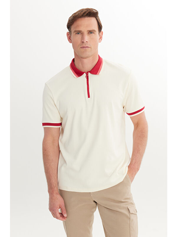 AC&Co / Altınyıldız Classics Erkek Ekru-Bordo Regular Fit Geniş Kesim Polo Yaka %100 Pamuk Tişört