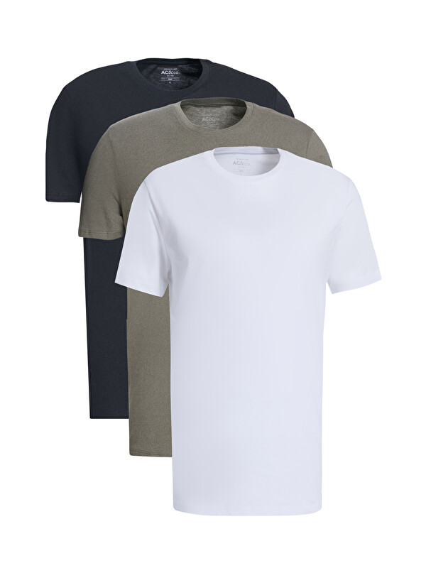 AC&Co / Altınyıldız Classics Erkek HAKI-SIYAH-BEYAZ Slim Fit Bisiklet Yaka 3'lü %100 Pamuk Tişört Paketi