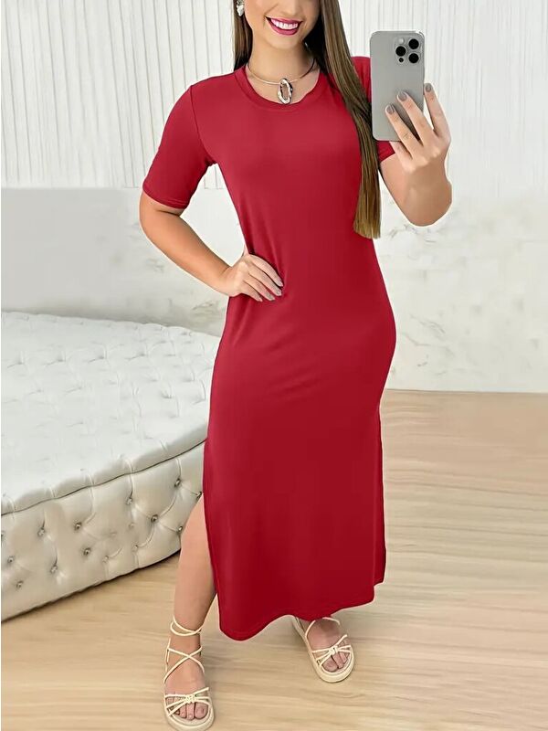 Jane's Kadın Kısa Kollu Bisiklet Yaka Yandan Yırtmaçlı Viskon Elbise