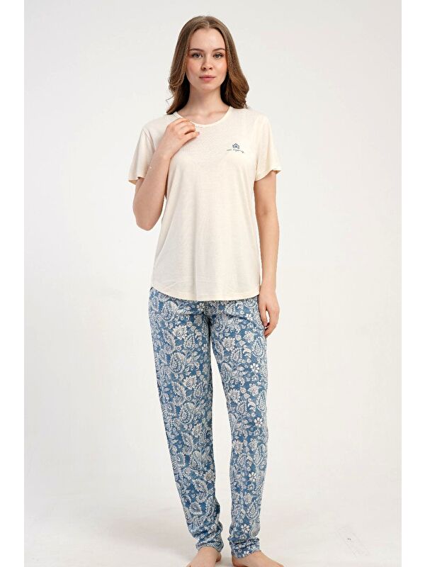 C&City Yuvarlak Yaka Kısa Kollu Pijama Takımı Krem-512275