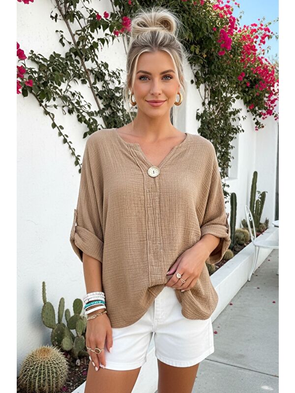 Chiccy Camel Havuz Yaka Düğmeli 3/4 Kol Yıkamalı Casual Müslin Dokuma Bluz 75 70