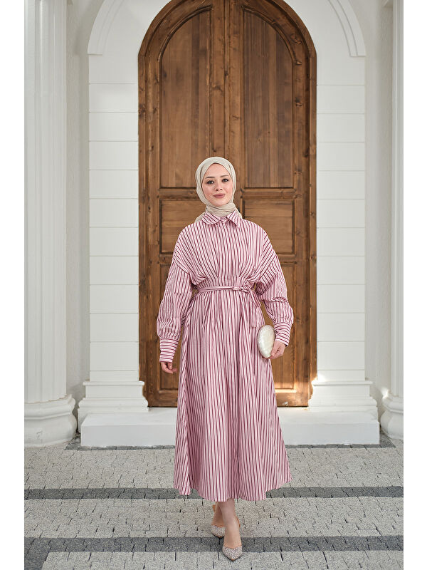 Locco Moda Kadın Çizgi Detay Bel Bağlamalı Elbise Pembe