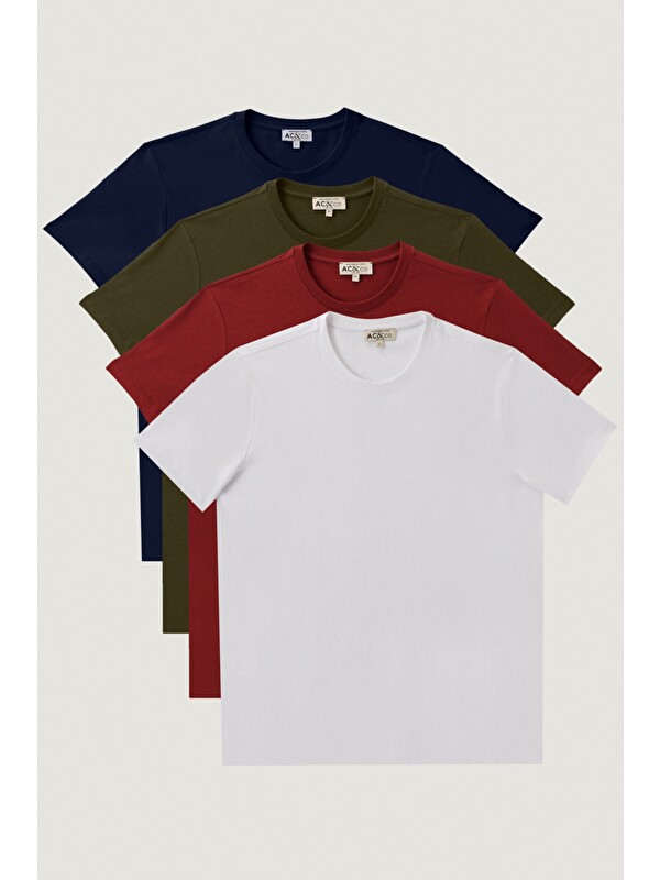 AC&Co / Altınyıldız Classics Erkek Haki-Bordo-Lacivert-Beyaz Slim Fit 4'lü Tişört Paket