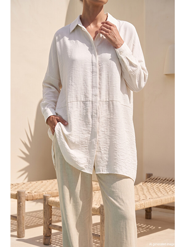 Nuss Oversize Basic Yazlık Gömlek 3001 Ekru