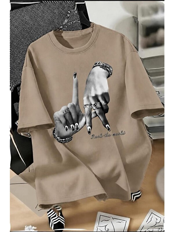 Oksit LA El İşareti Ön Baskılı Sokak Modası Unisex T-Shirt