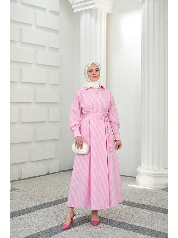 Locco Moda Kadın Yan Bağlamalı Çizgili Elbise Pembe