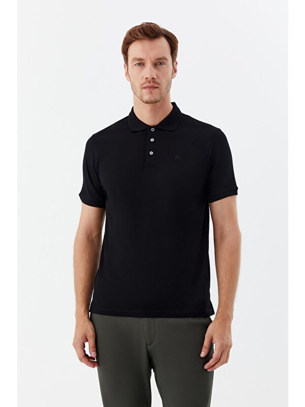 Sabri Özel Siyah %100 Pamuk Düğmeli Polo Yaka Erkek T-Shirt