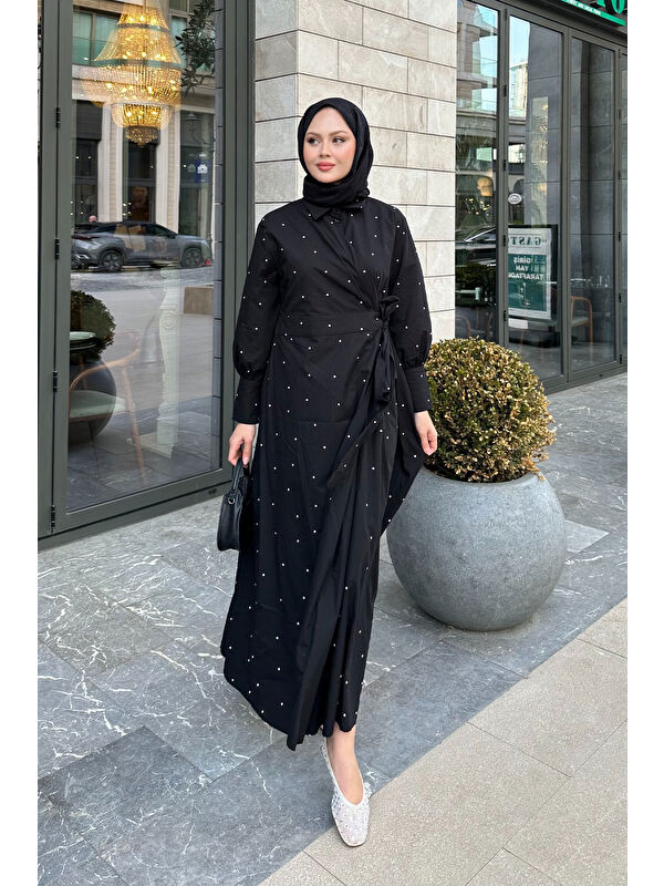 Locco Moda Kadın Puantiyeli Yandan Bağlamalı Elbise Siyah