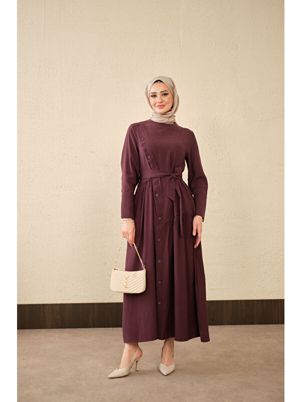 Locco Moda Kadın Düğmeli Etek Büzgülü Bel Bağlamalı Elbise Mürdüm