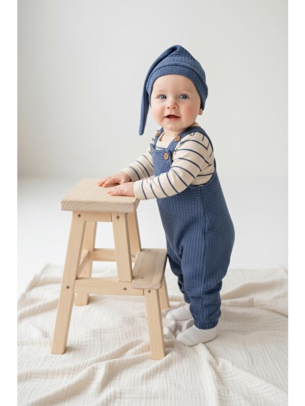 Miababy Elastanlı Gofre Salopet Sweat Bere 3lü Takım