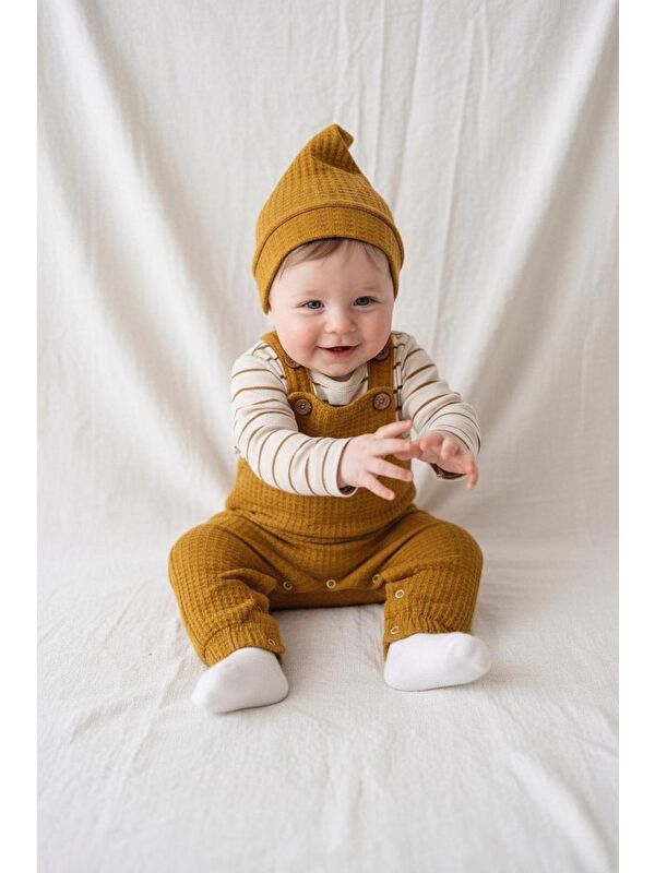 Miababy Elastanlı Gofre Salopet Sweat Bere 3lü Takım