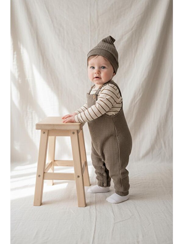 Miababy Elastanlı Gofre Salopet Sweat Bere 3lü Takım
