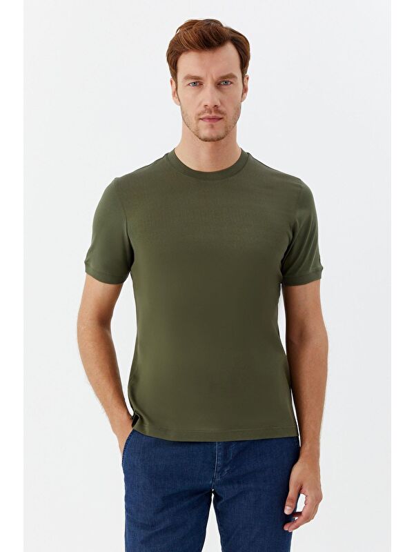Sabri Özel Desenli Bisiklet Yaka Erkek T-Shirt Haki