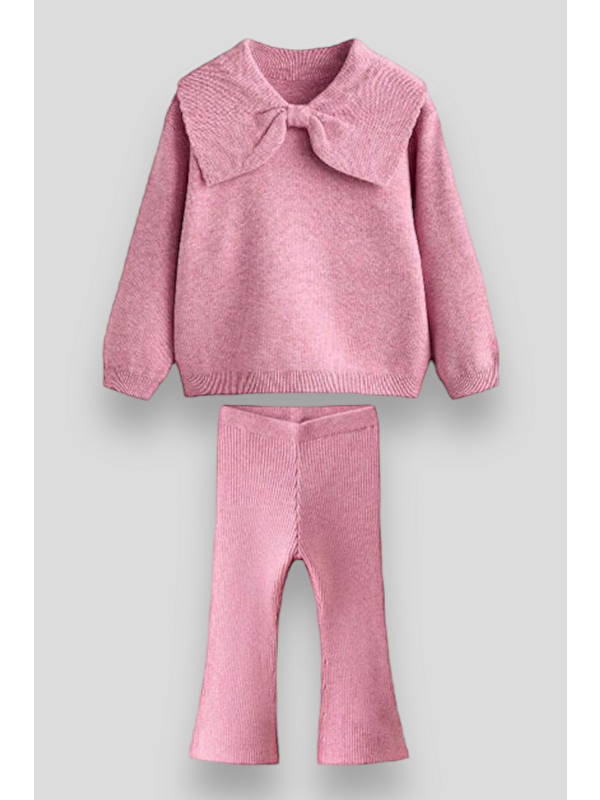 Magu Triko Fiyonk Desenli Kışlık Pamuklu Sweatshirt Tayt Alt-Üst Takım Kız Çocuk