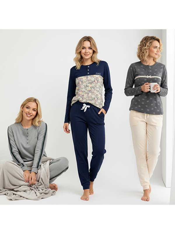 Bonbon Kadın Pamuklu 3 Adet 2'Li Pijama Takımı Bb2216