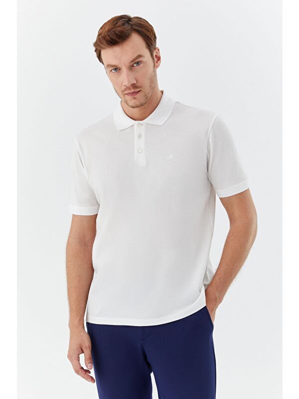 Sabri Özel Beyaz %100 Pamuk Düğmeli Polo Yaka Erkek T-Shirt