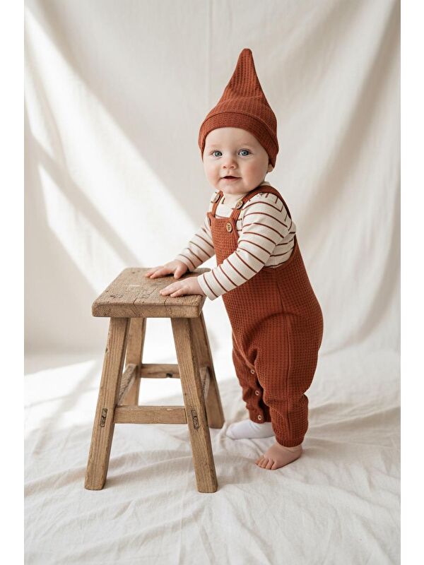 Miababy Elastanlı Gofre Salopet Sweat Bere 3lü Takım