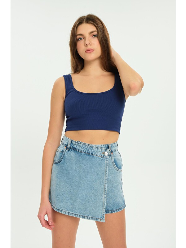 Domoda Tek Düğme, fermuarlı Denim Şort Jean Kadın Etek