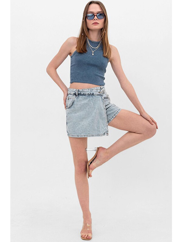 Domoda Tek Düğme, fermuarlı Denim Şort Jean Kadın Etek