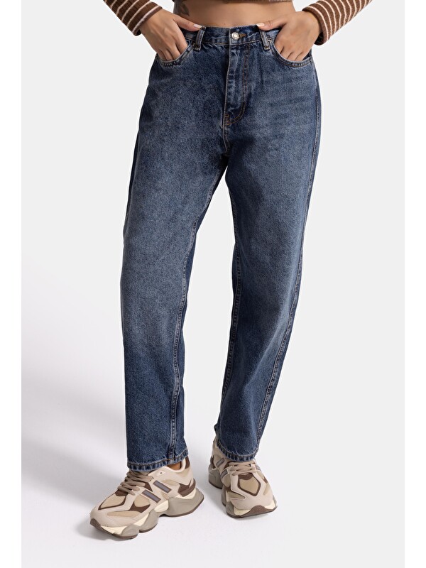 It's Basic Kadın Koyu Mavi 2w5-5 Relaxed Fit Beli Lastikli Denim Jean