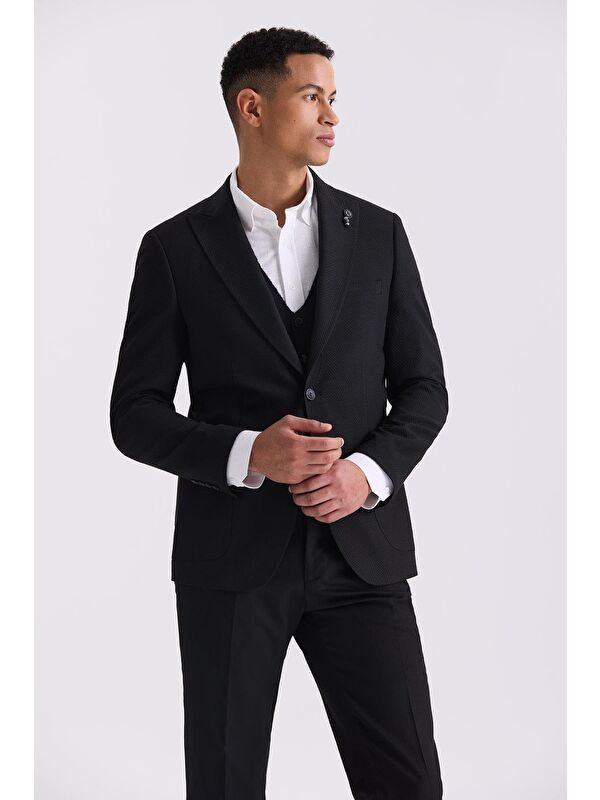 JAKAMEN Siyah Slim Fit Sivri Yaka Desenli Spor Ceket